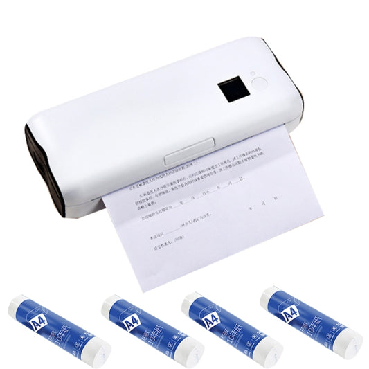 White wireless thermal printer with A4 paper roll and four included A4 paper rolls