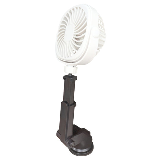 Retractable desktop suction cup fan in white with circular grille and extendable stand