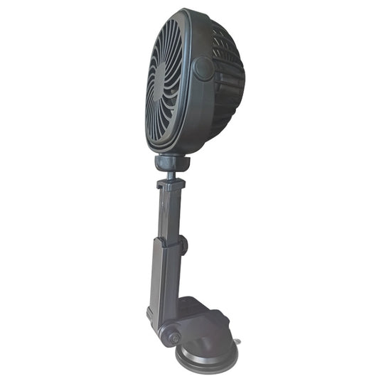 Retractable desktop suction cup fan in black with circular grille and extendable stand