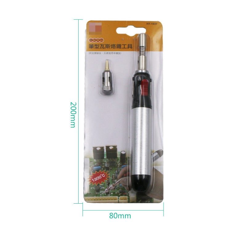 Gas soldering iron pen in retail blister pack with silver body and red switch