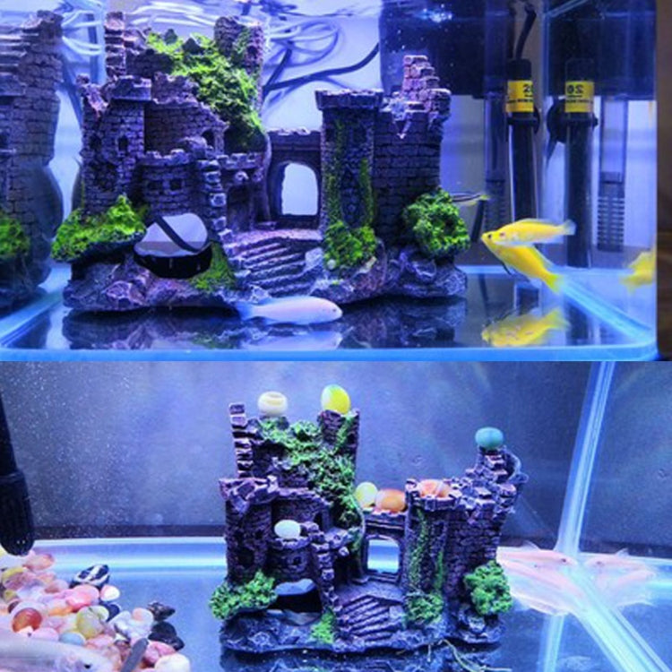 Aquarium ancient castle resin decoration with green moss and stone archways in tank