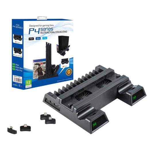 Black vertical PS4 console cooling stand with dual controller chargers and fan vents
