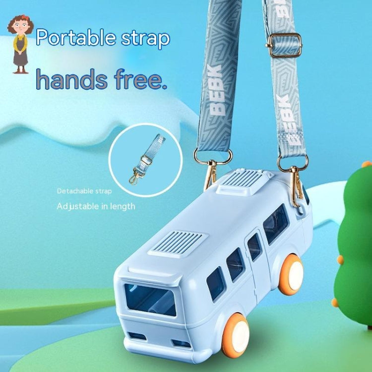 Blue bus-shaped sippy cup with adjustable portable strap
