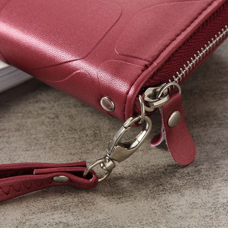 Red long coin purse with metal zipper pull and wrist strap