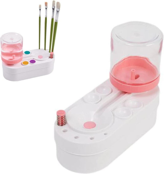Pink and white brush cleaner tool with built-in water reservoir and cleaning wells