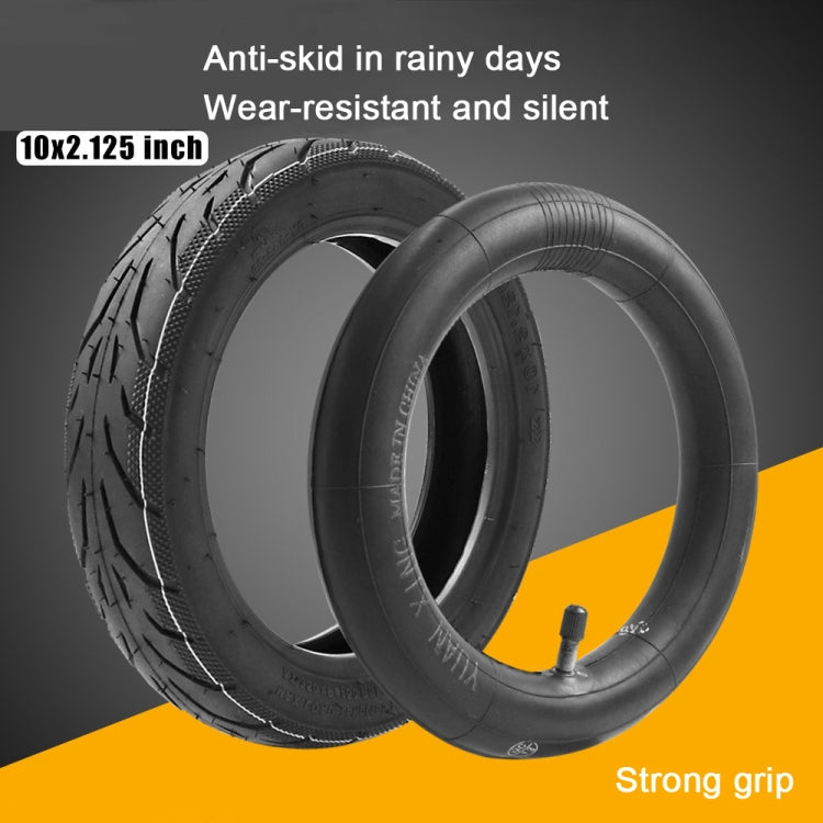 Black 10-inch outer tire with tread paired with black inner tube and valve stem