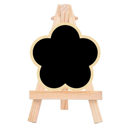 Clover-shaped mini chalkboard on wooden easel with light fabric hanger