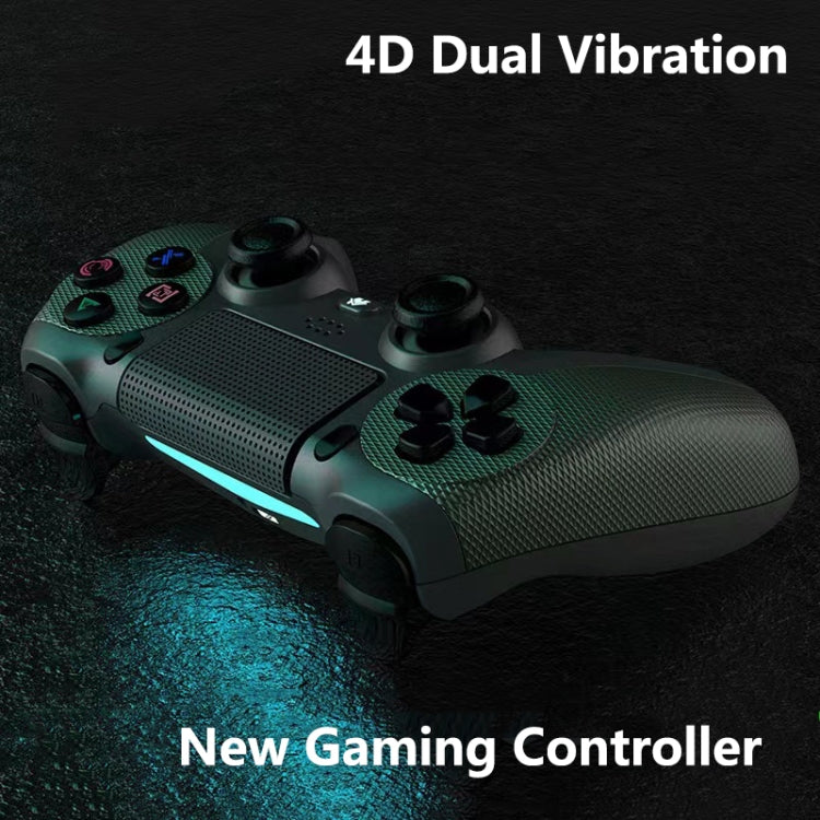Green Bluetooth game controller with light bar, textured back grip and thumbsticks