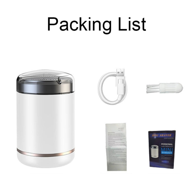 White mini electric shaver kit with USB cable, spare head, and accessories