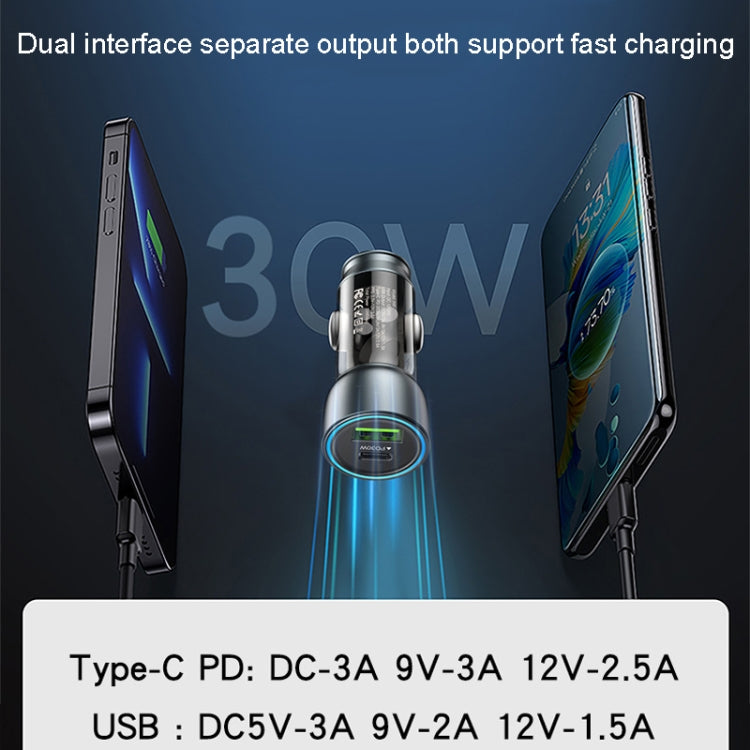 Car dual-port fast charger with central metal body and green LED ring, 30W max output