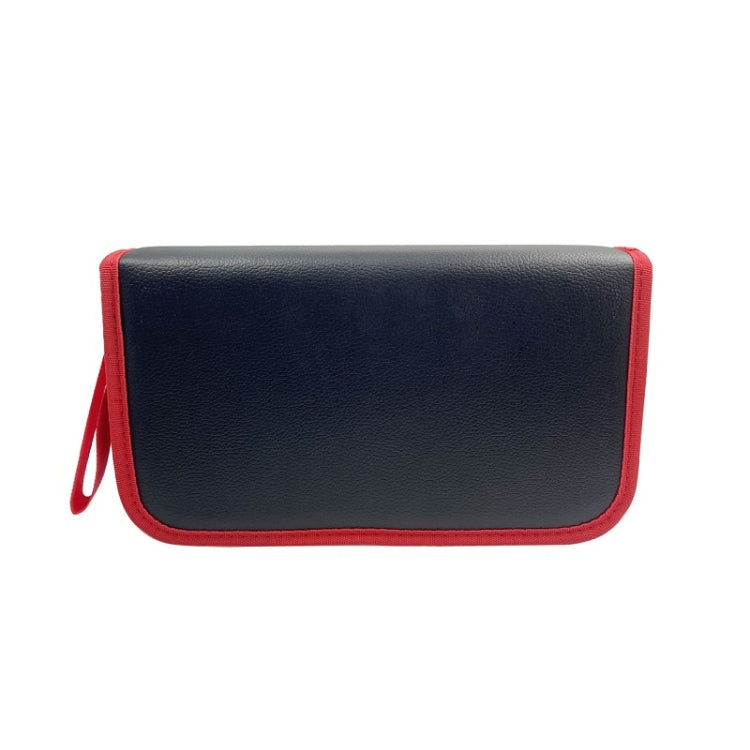 Red-trimmed black leather tool storage bag with zipper and wrist strap