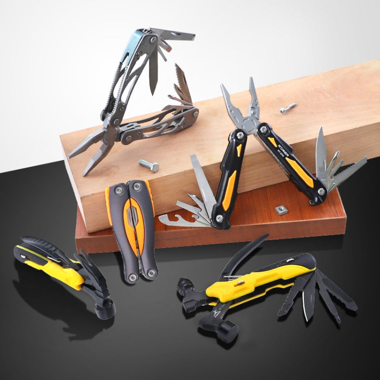 Assorted folding multi-tools on tabletop, with blades and drivers visible