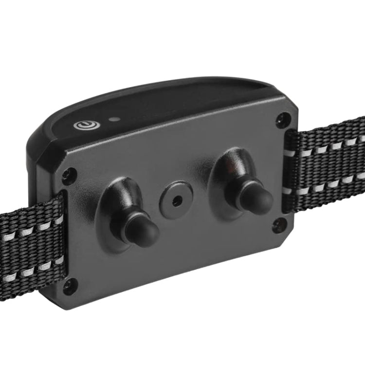 Electric training collar receiver front view with contact posts and strap