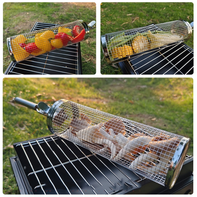 Cylindrical BBQ basket with wire mesh holding food over grill grates