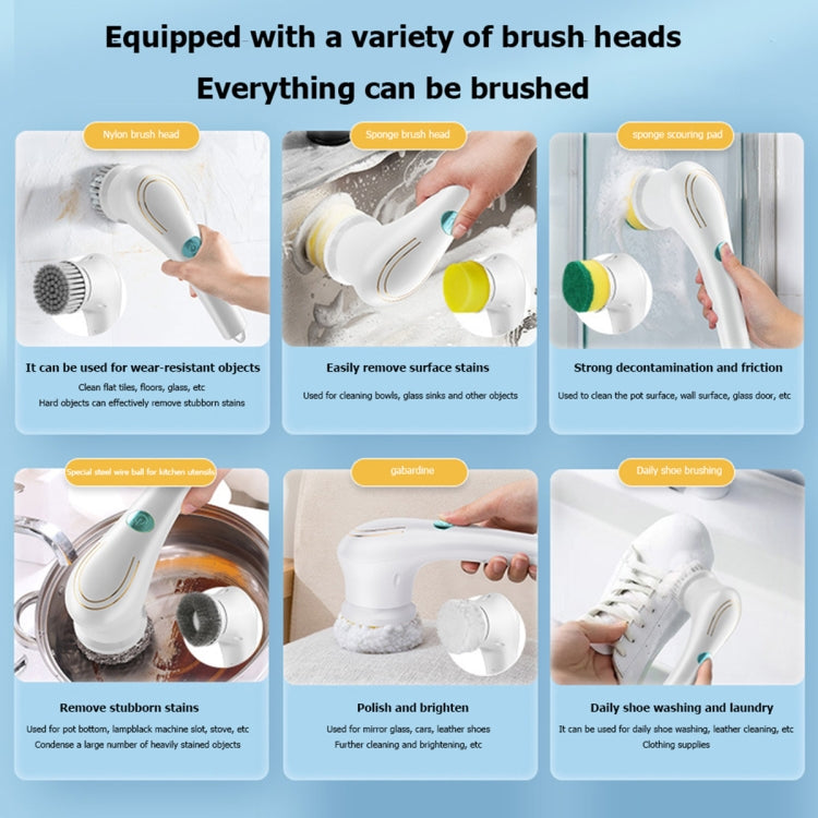 Handheld electric cleaning brush with assorted replacement heads shown together