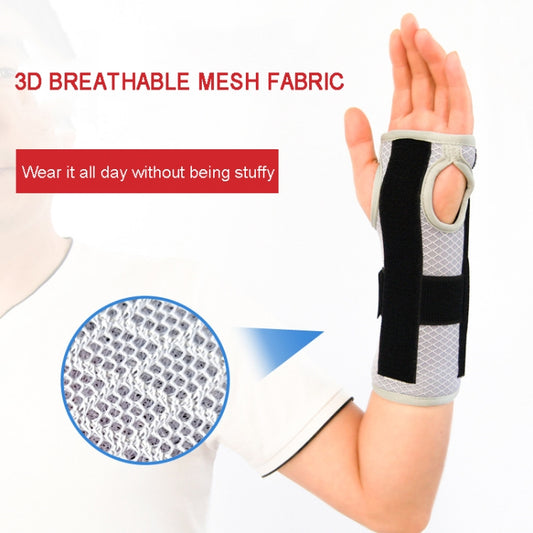 Breathable gray mesh wrist splint with black center brace and strap closures
