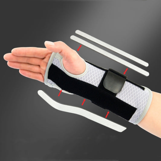Wrist support splint with breathable gray mesh and black straps, 3 aluminum plates