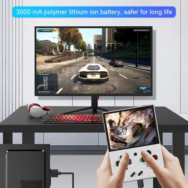 Handheld game console in hand with detachable controller grips and connected screen
