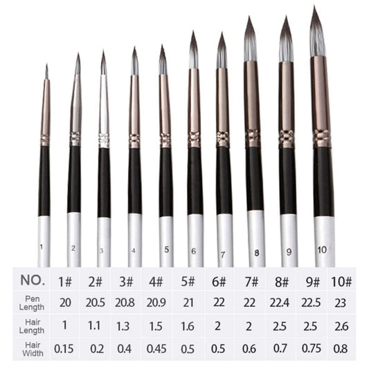 Numbered paintbrush set (1–10) with round pointed tips, white and black handles