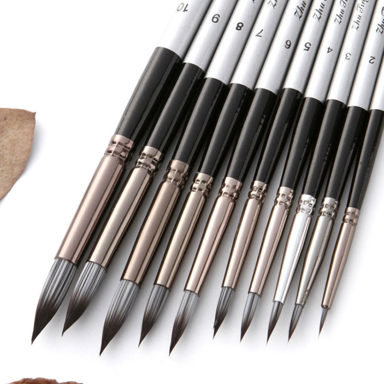 Paintbrush set close-up: multiple pointed nylon tips with white and black handles