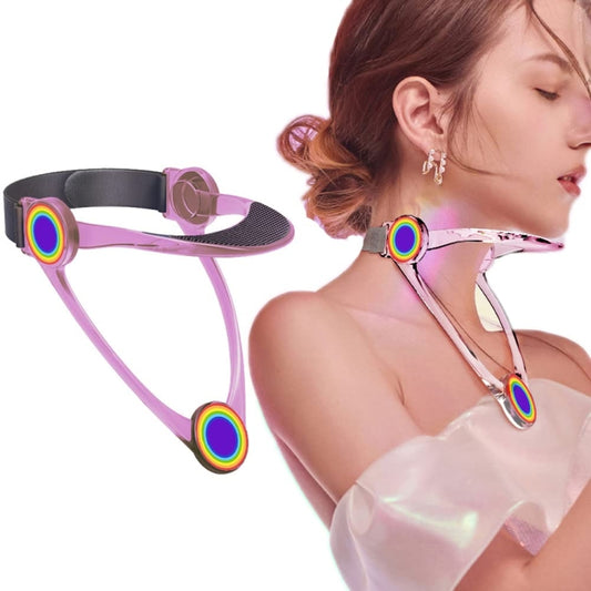 Pink adjustable neck brace with padded collar and colorful ring support loops.