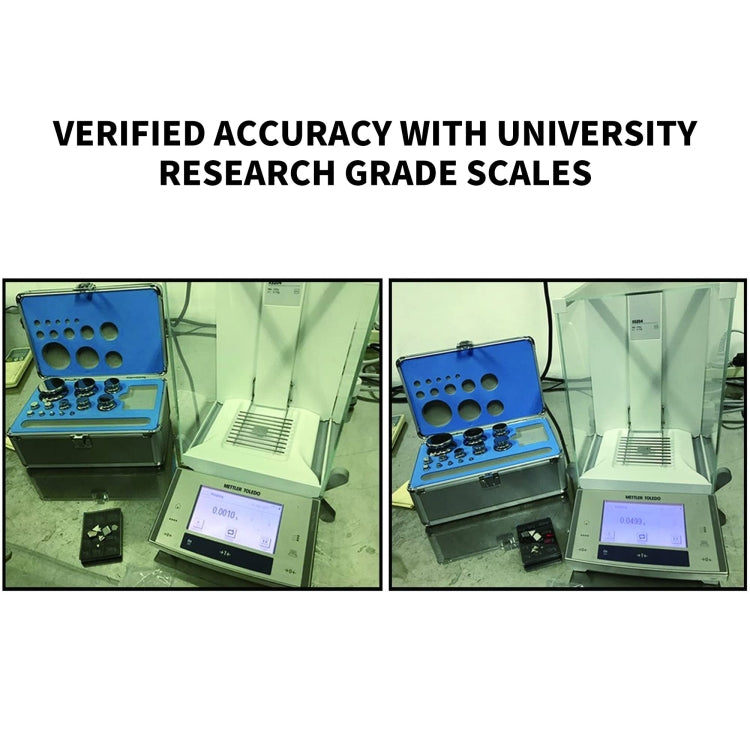 Stainless steel calibration weight set and digital scale in lab setup