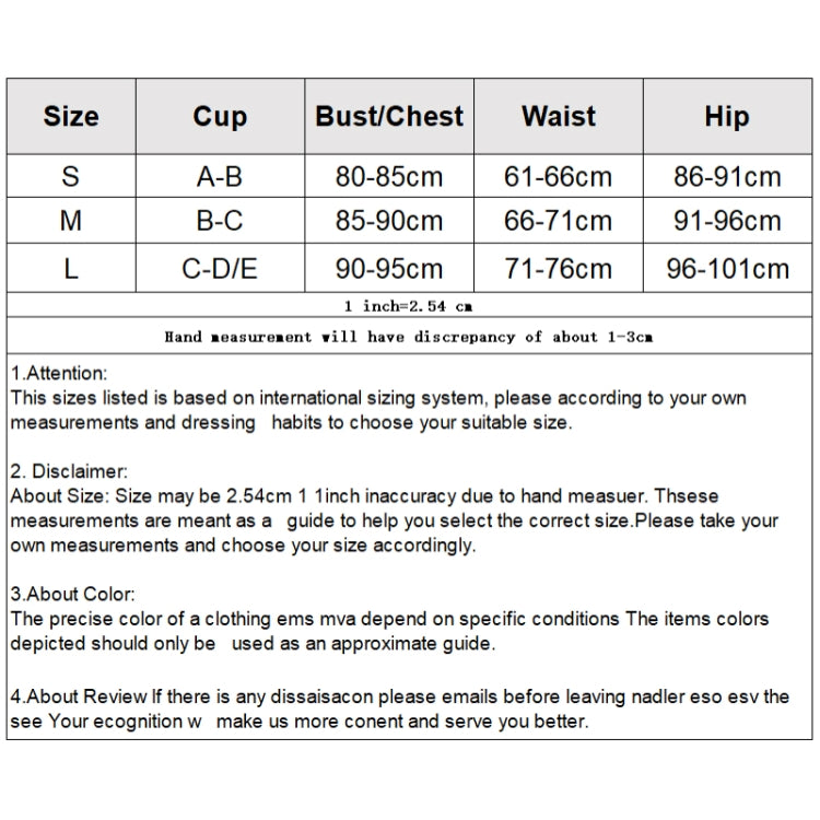 Size chart table for S, M, L cups and bust, waist, hip measurements