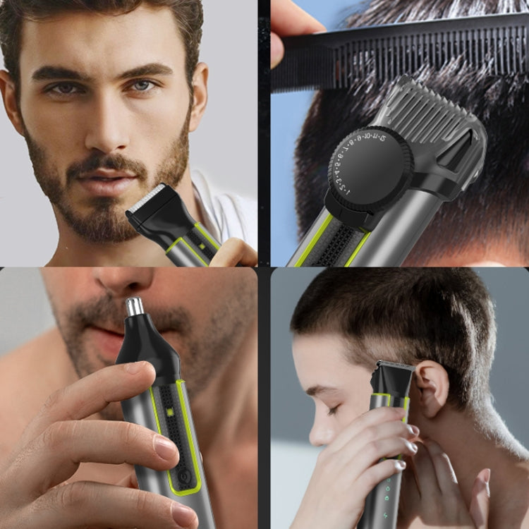 4-in-1 waterproof men's electric grooming shaver with green trim, held to face