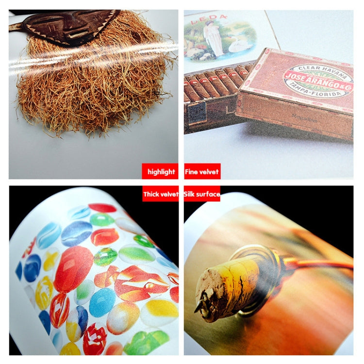Waterproof photo paper finish samples: highlight, fine velvet, rough velvet, silk
