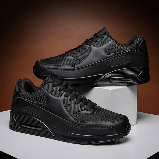 Men's air-cushion sports sneakers, black mesh lace-up, side air pod detail