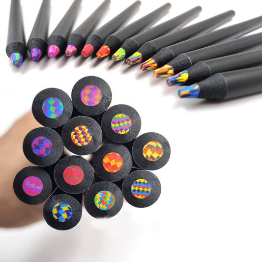 12-pack rainbow colored pencils with black bodies and multi-color patterned tips
