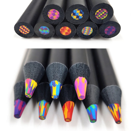 Wooden rainbow colored pencils bundle showing circular ends with multicolor checker patterns