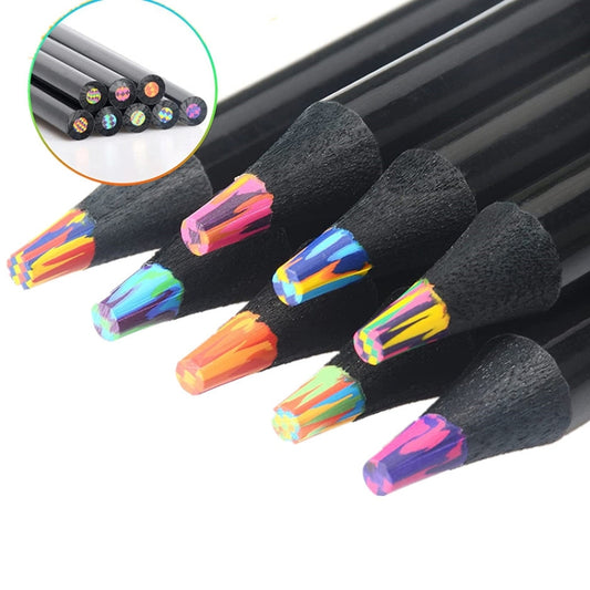 Wooden rainbow-colored pencils set, short sharpened tips with multicolor stripe patterns
