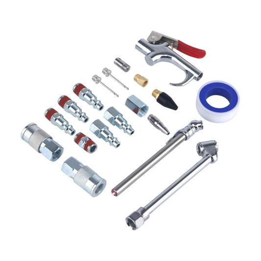 Air compressor kit components with silver couplers, red-handled air gun, and connector pieces