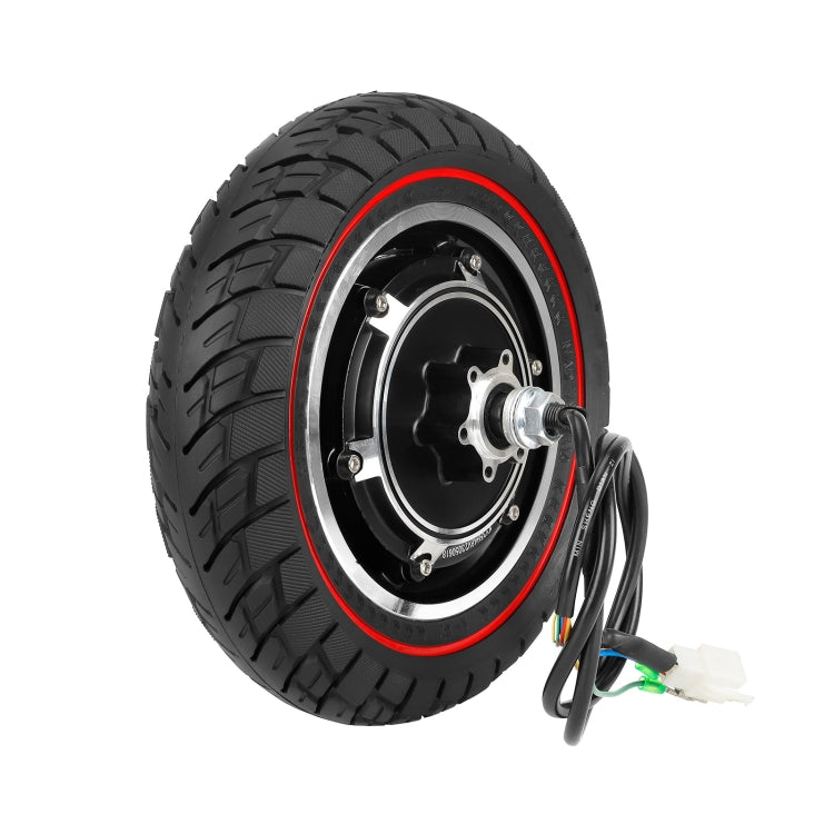 Solid scooter tyre with wheel hub and axle, red rim outline and connector wires