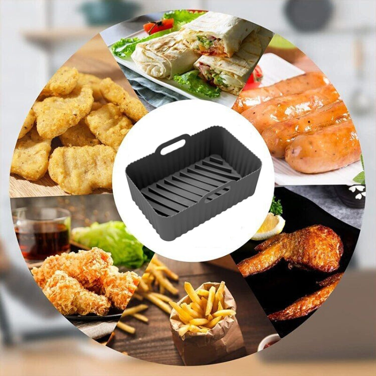Black silicone air fryer liner mat with ridged base and raised edges, reusable