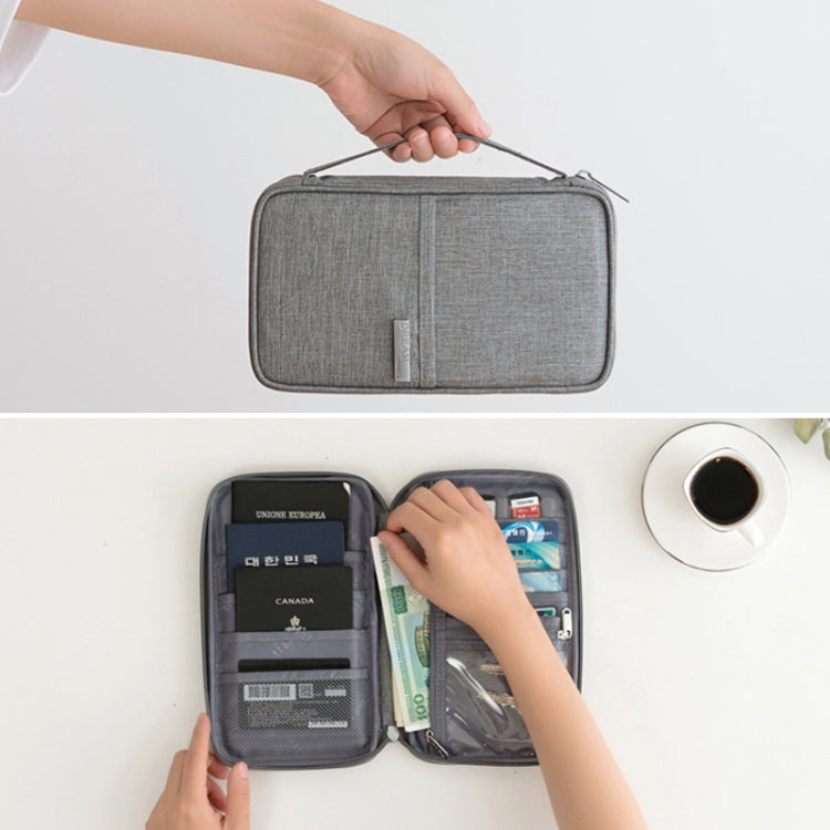 Gray passport document bag held by hand, open organizer with document pockets