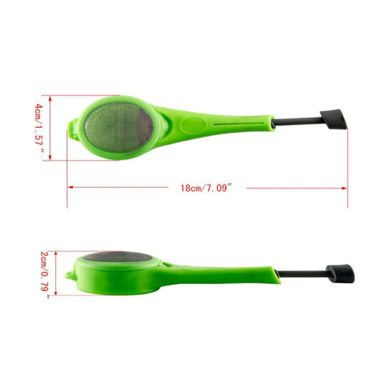 Green tea strainer infuser with mesh basket and plunger handle, side view