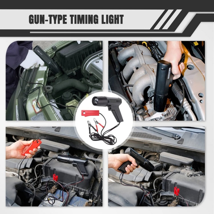 Gun-type timing light connected to an engine bay with red and black leads