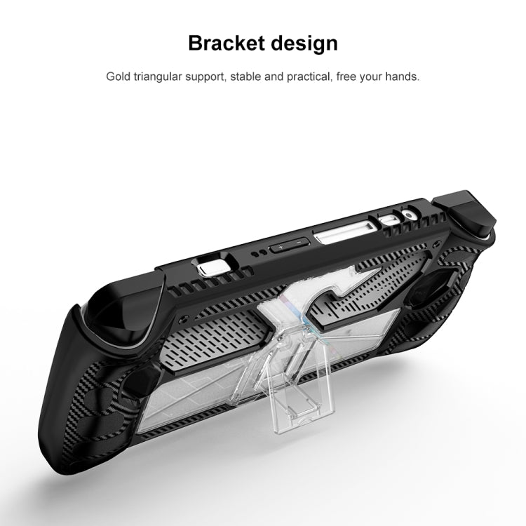 Protective game console case with clear kickstand bracket and black textured bumper