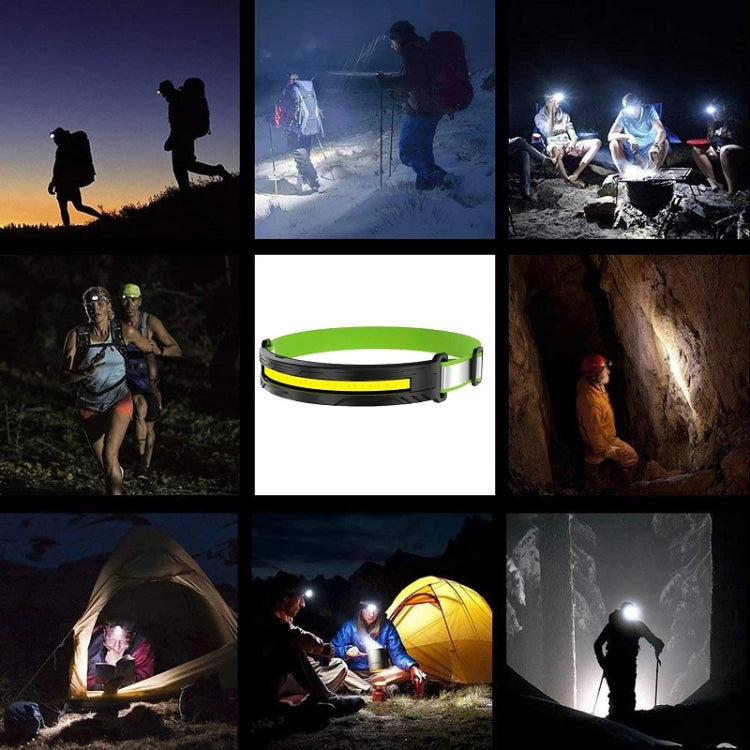 Green and black rechargeable headlamp with yellow COB strip