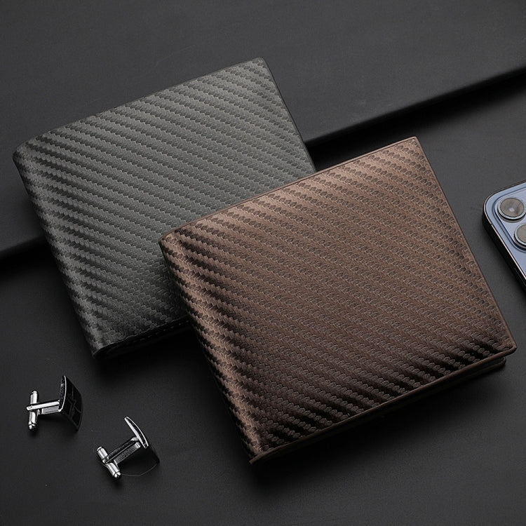 Two carbon fiber wallets, grey and coffee brown, with black stitched edges