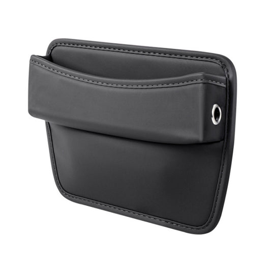 Car seat gap storage organizer pouch, black with stitched edges and side grommet.