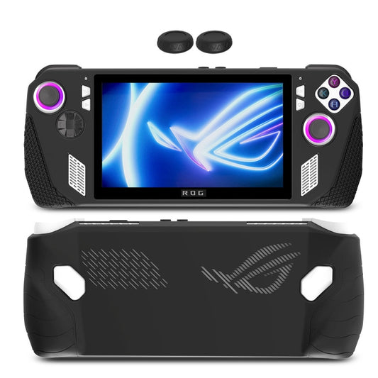 Black silicone gaming console case with multicolor button caps and controller cutouts