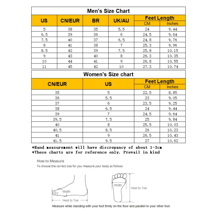 Men’s and women’s size chart with foot length measurements in inches and cm