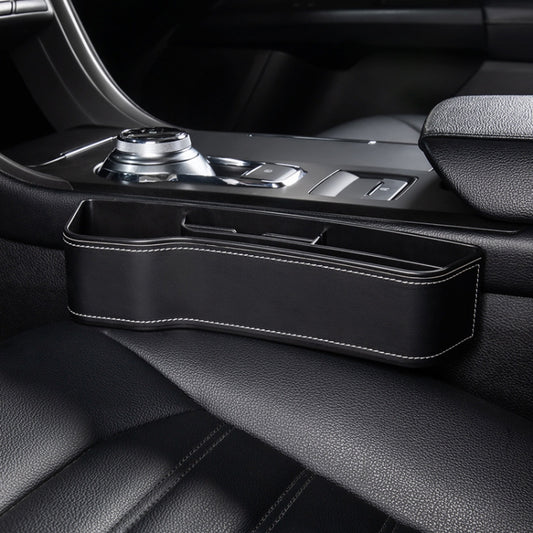 Car seat crevice storage box with lid, black leather finish and white contrast stitching