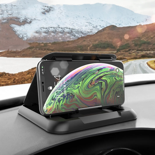 Car dashboard phone holder with carbon fiber-pattern silicone base and adjustable cradle