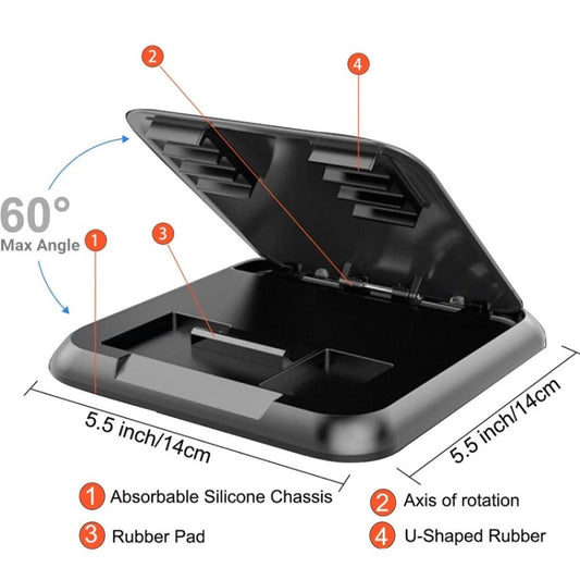Adjustable car phone holder diagram with silicone chassis, rubber pad, and U-shaped support