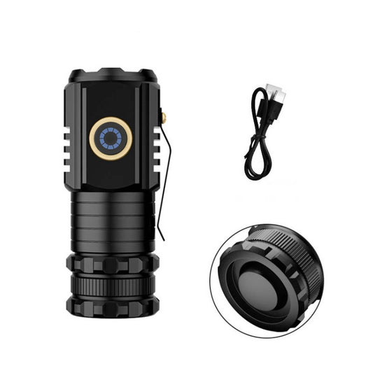 Rechargeable mini LED flashlight, black body with side power display and charging cable