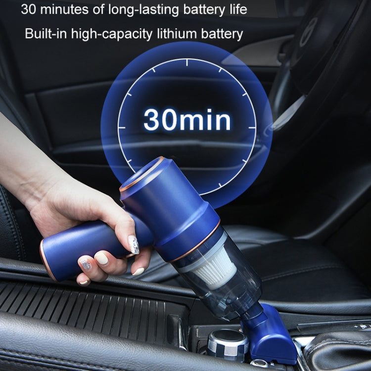 Handheld car vacuum cleaner being used on car seat, cordless design with charging base